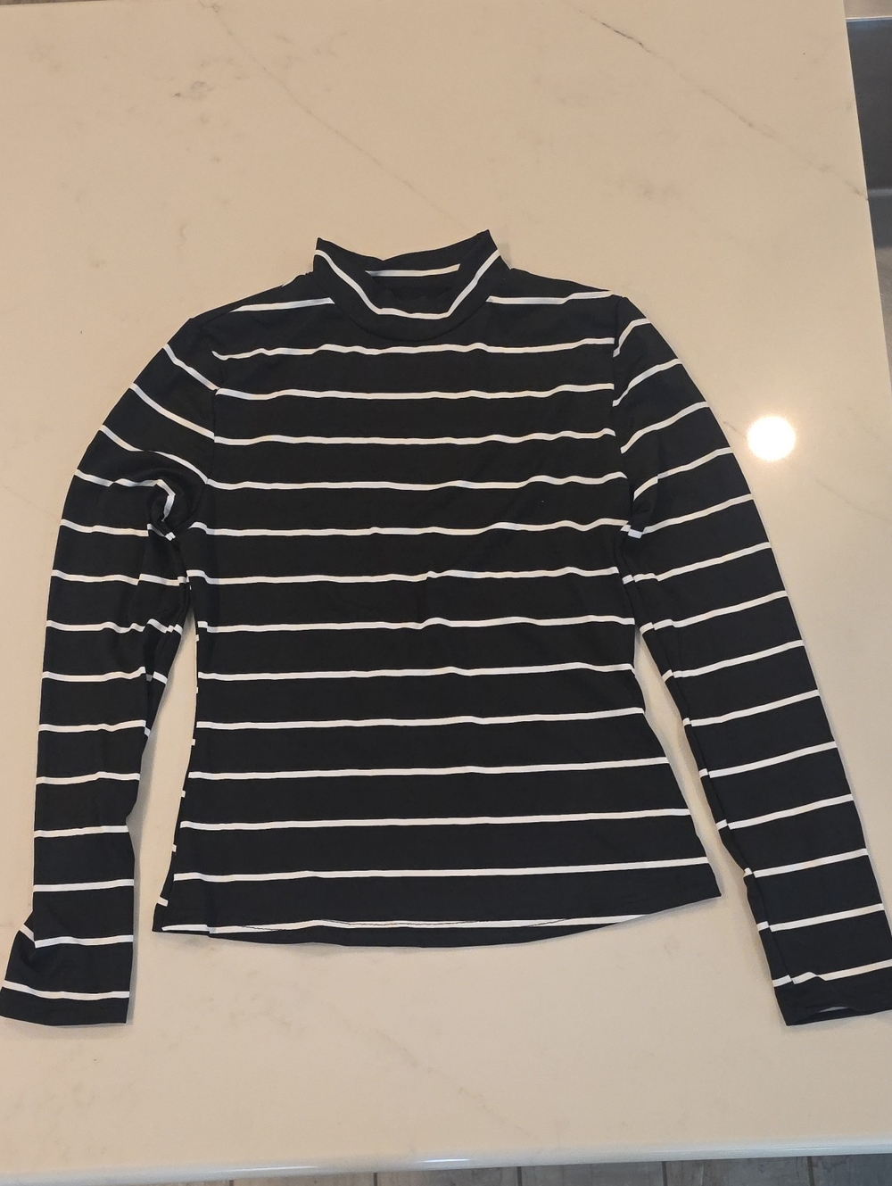 Striped Black and White Long-Sleeve Mock Neck Tee